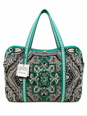 America & Beyond Hand Beaded Weekender Duffle Bag NWT Green Boho Travel